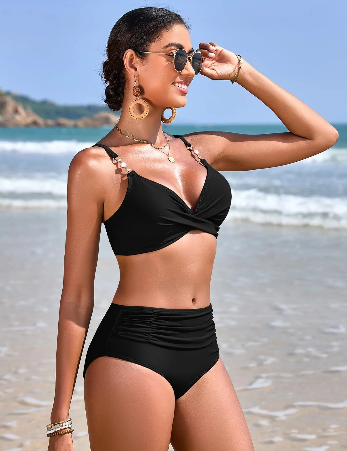 UMIPUBO Bikini Mujer Bañadores Traje De Baño 2 Piezas Sexy Push Up Cuello En V Perla Pliegues Reductores Control abdominal Conjunto Talle Alto Biquinis Dos Piezas