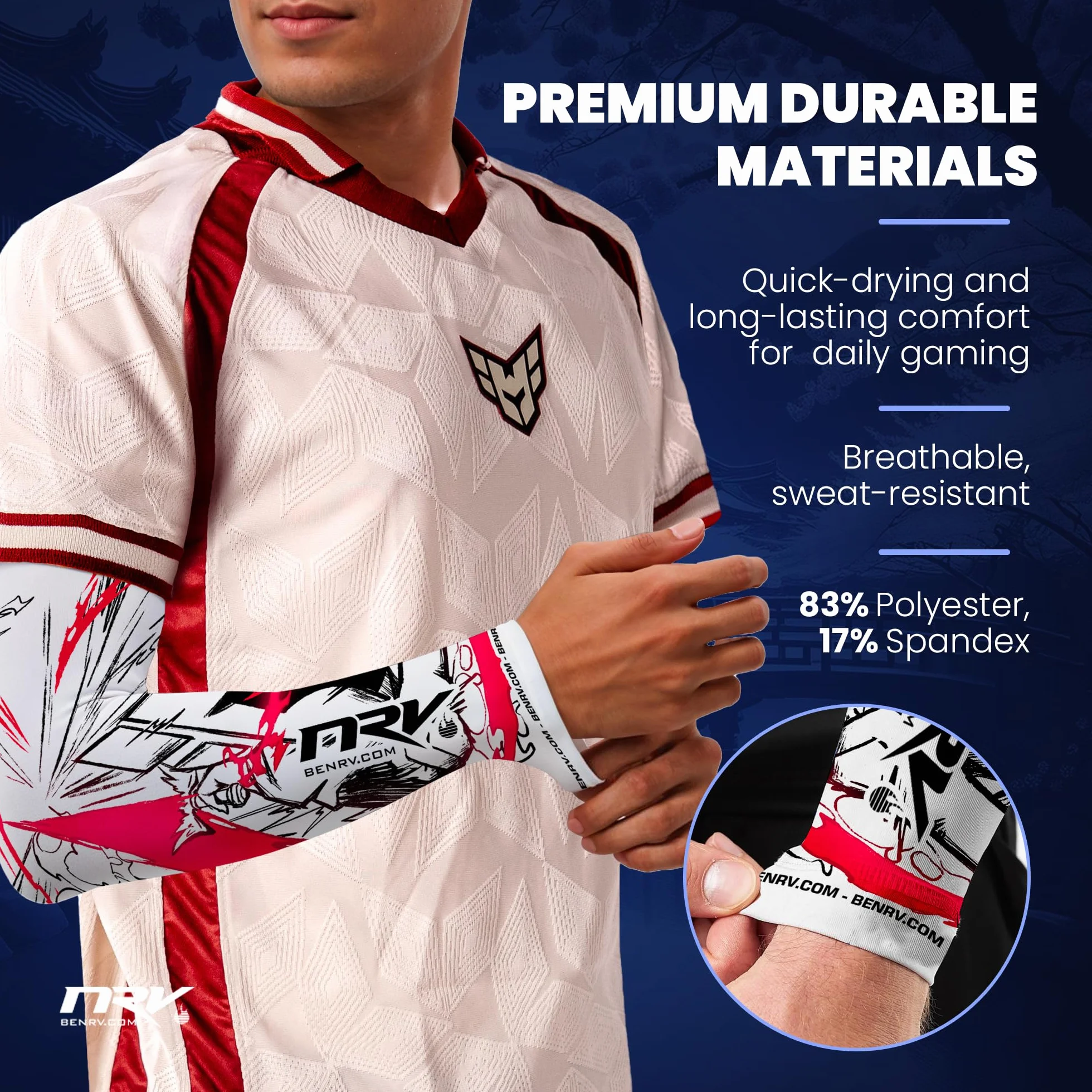 NRV Team HEROIC Puño Gaming – Comodidad y Control – Anti-Friction – Diseño Esport – Blanco & Rojo – Talla S a 3XL