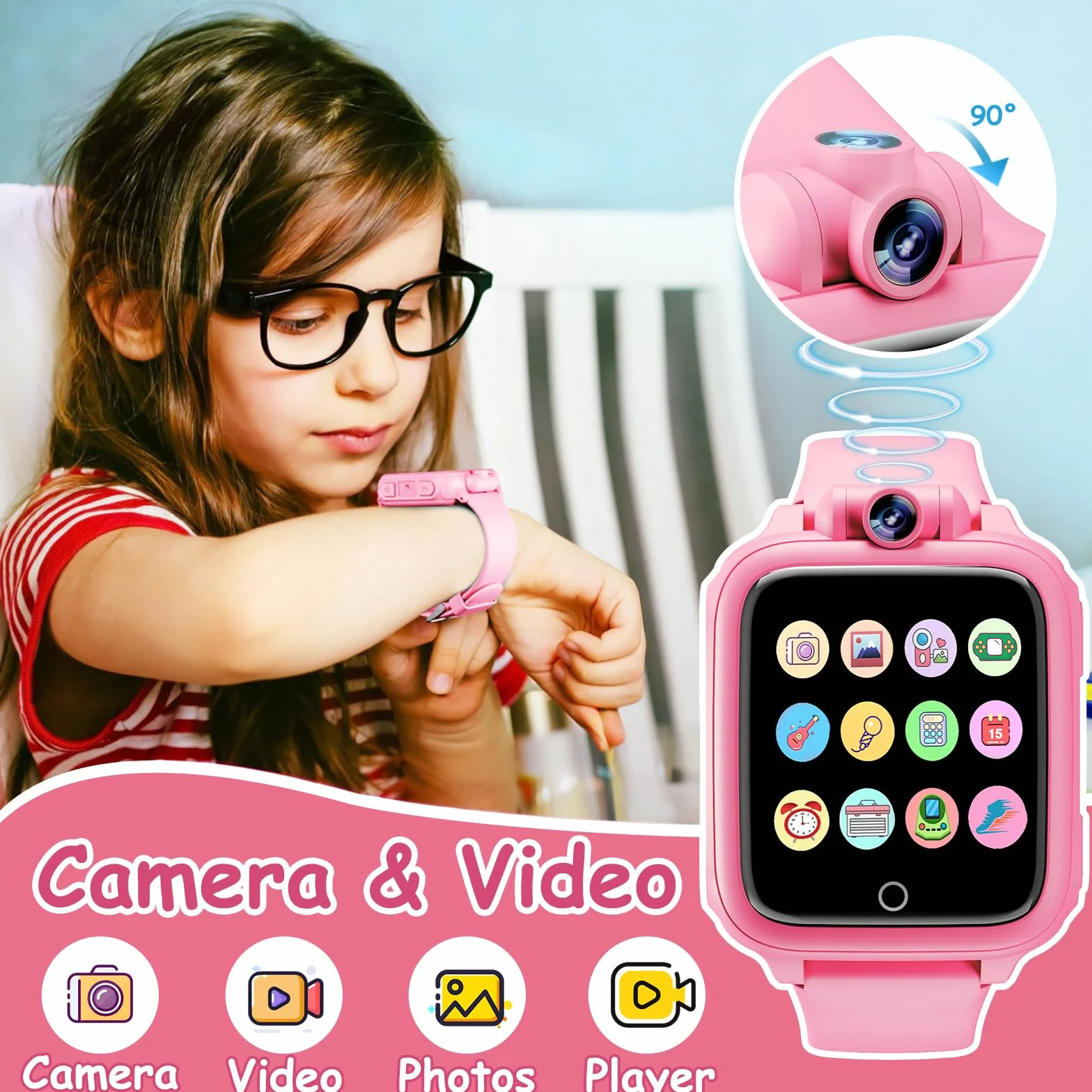 Diswoe Reloj Inteligente Niños, Smartwatch Niña 3 4 5 6 7 8 9 10 11 12 años, Regalo Niña con 14 Juegos, Cámara Giratoria de 90°, Despertador y HD Pantalla Táctil, Regalos para Niños y Niñas