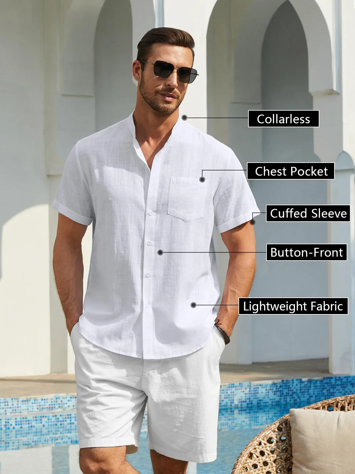Enlision Camisa de Lino Manga Corta para Hombre Sin Cuello Verano Henley Color Sólido con Botones Bolsillo S-4XL