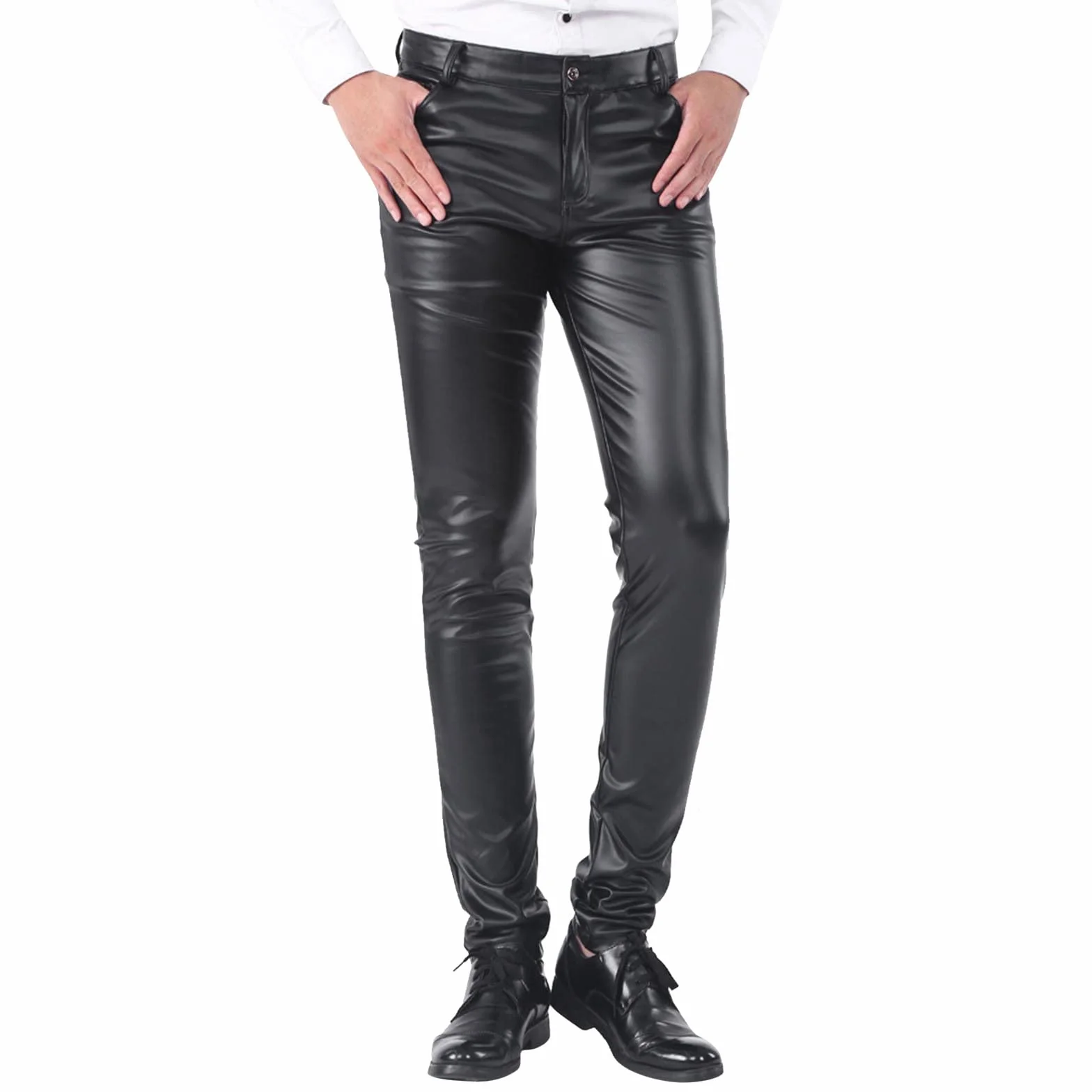 2026 Pantalones de cuero de corte estrecho para hombre Leggings color elástico tendencia motocicleta pantalones de cuero