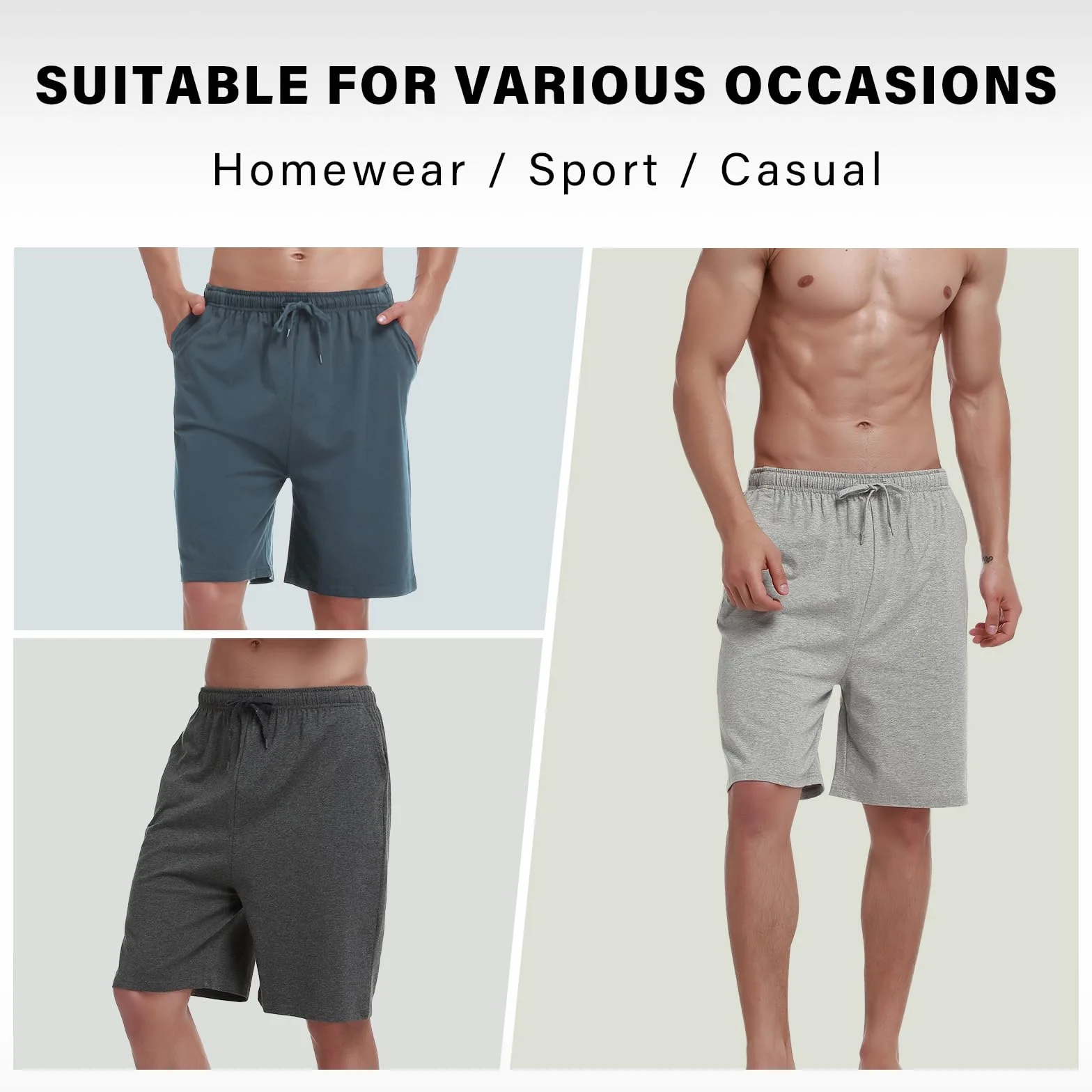 HomyComy Pantalón Pijama Hombre Corto Algodón Bolsillos Verano Cintura Elástica con Cordón Suave Cómodo Patalones de Pijama Transpirable