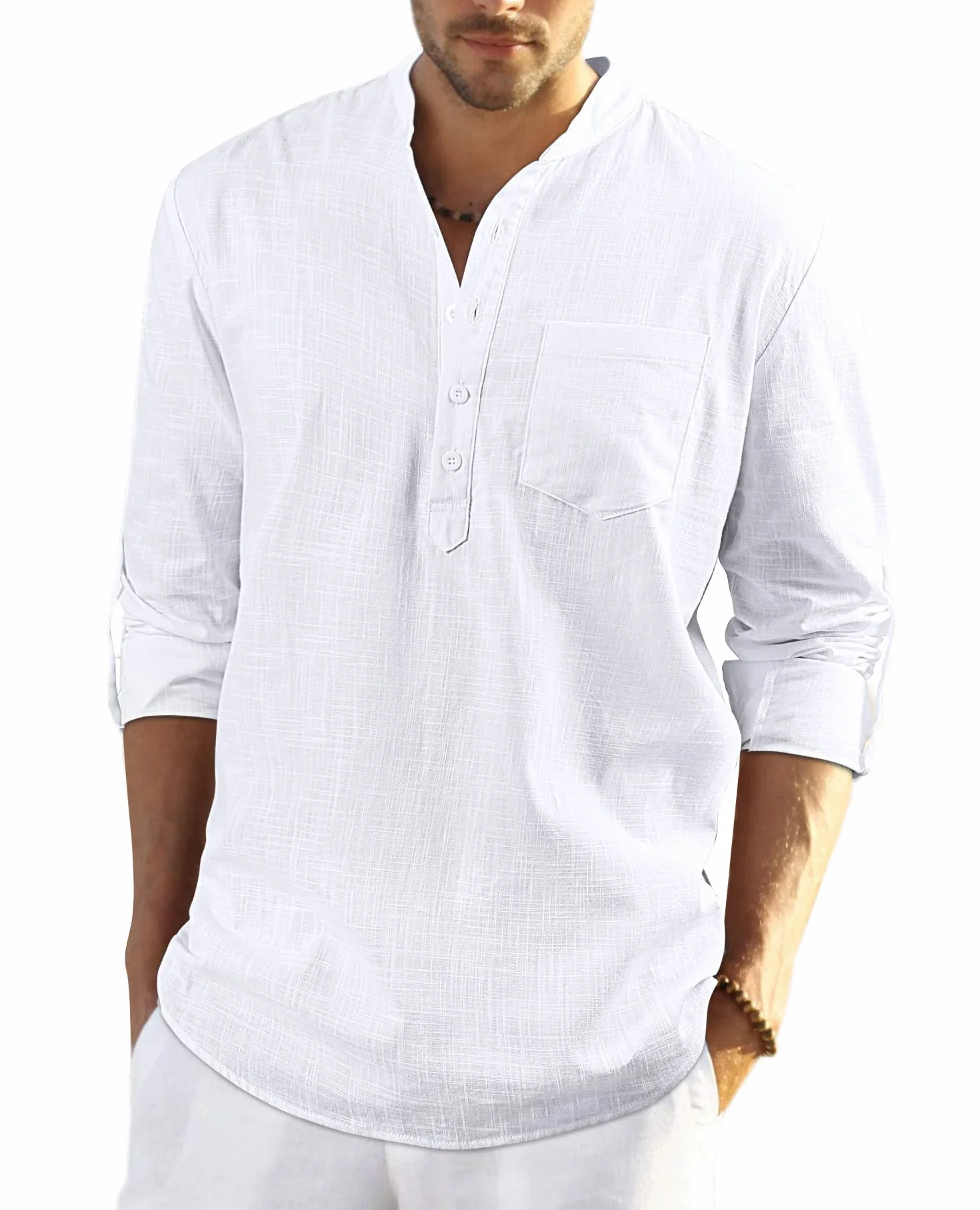 Enlision Camisa de Lino Manga Larga para Hombre Camisas Informales de Verano Camisa Suelta de Ocio de Color Sólido con Botónes Top con Bolsillo