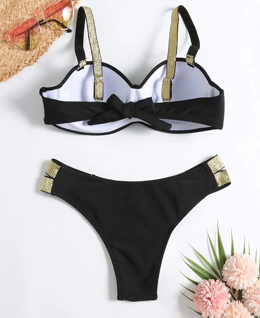 JFAN Traje de Baño de Mujer Cinturón Dorado Acolchado Bra Tops de Bikini Conjunto de Bikini de Color Liso Push Up Swimwear Dos Piezas Trajes de Baño Divididos
