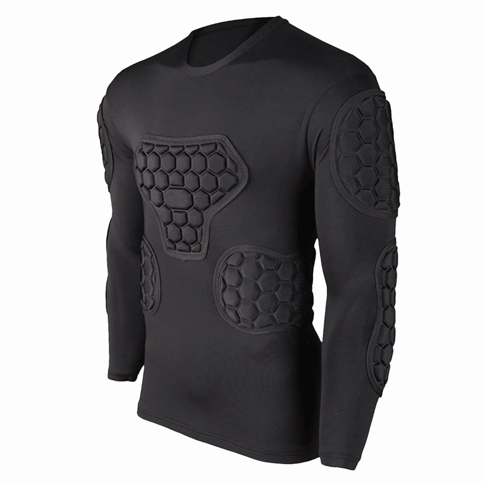 Teksome Camiseta de compresión acolchada de fútbol para portero manga larga negra