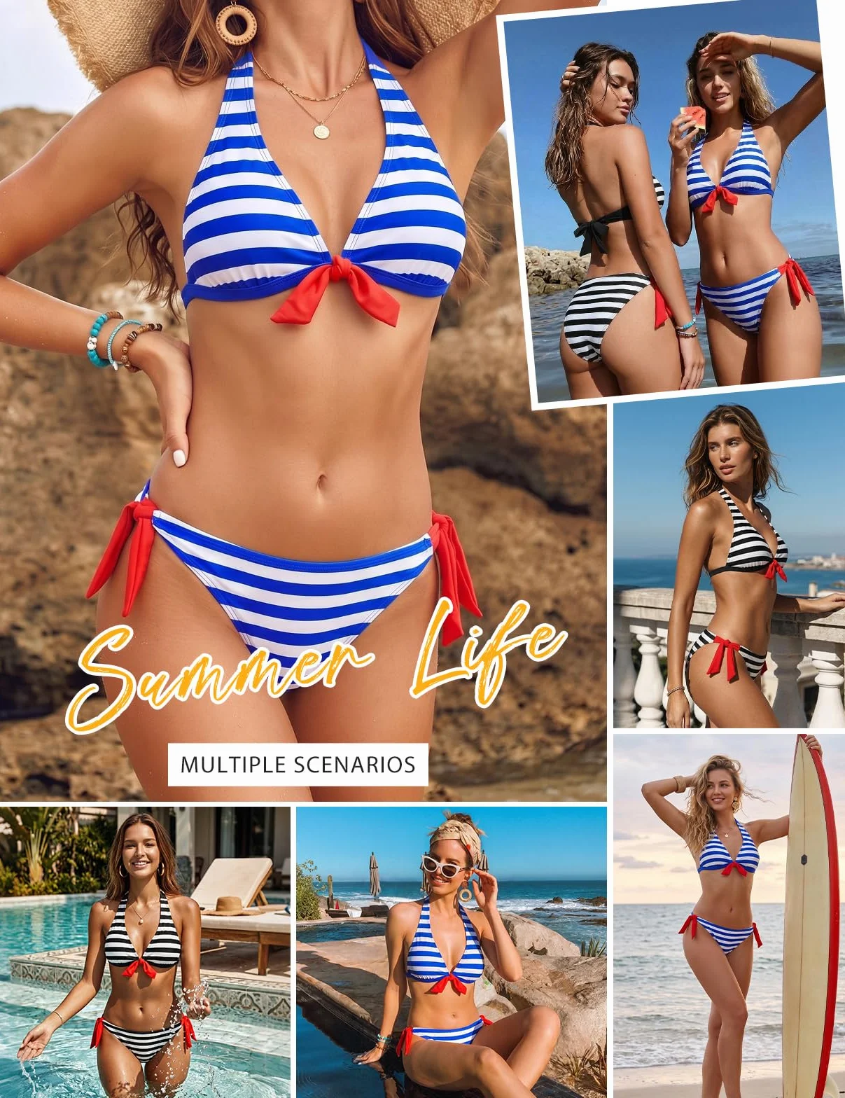 Voqeen Mujer Bikini Rayas Cabestro Traje de baño Acolchado Ropa de Playa de Dos Piezas