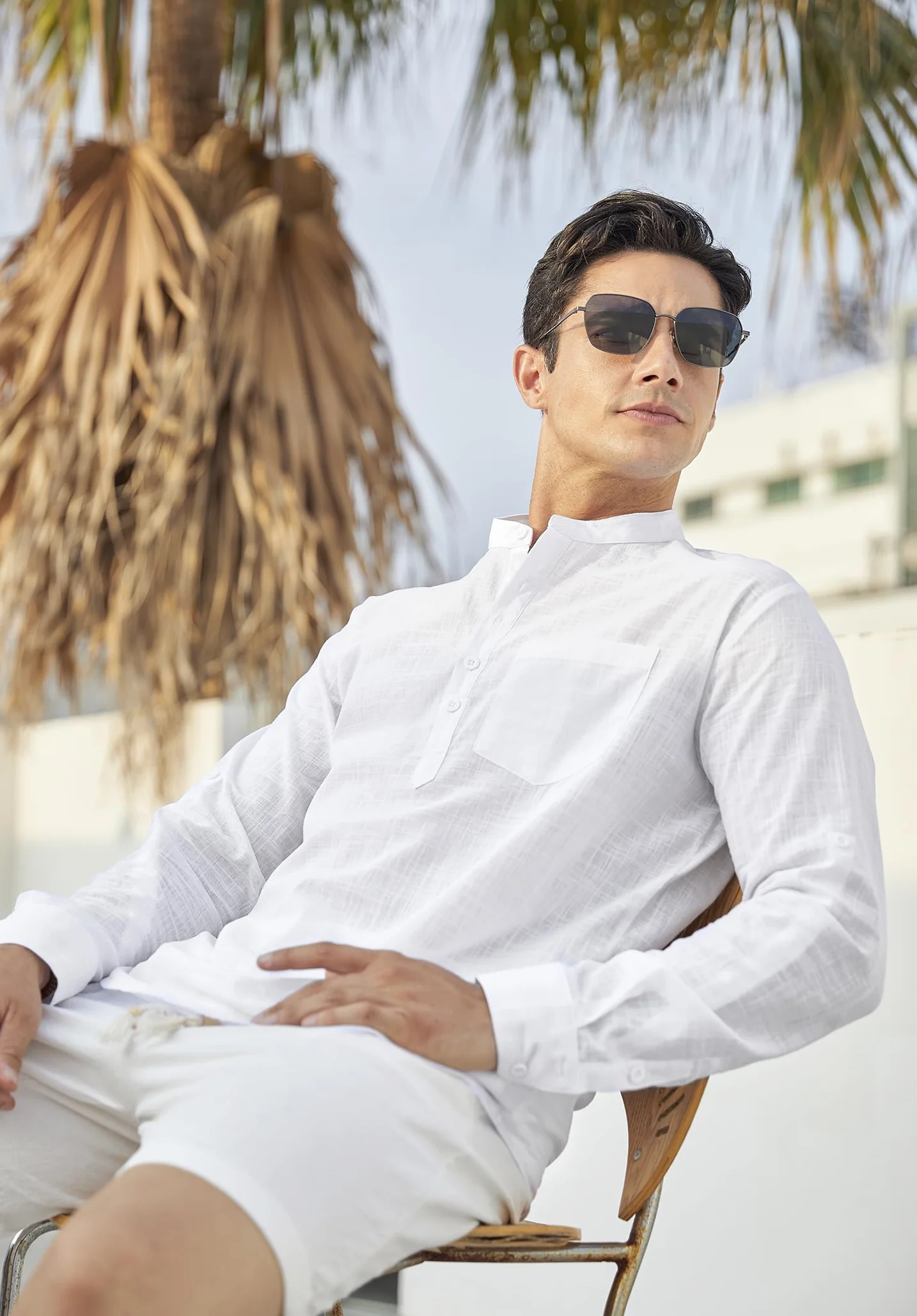 Enlision Camisa de Lino Manga Larga para Hombre Camisas Informales de Verano Camisa Suelta de Ocio de Color Sólido con Botónes Top con Bolsillo