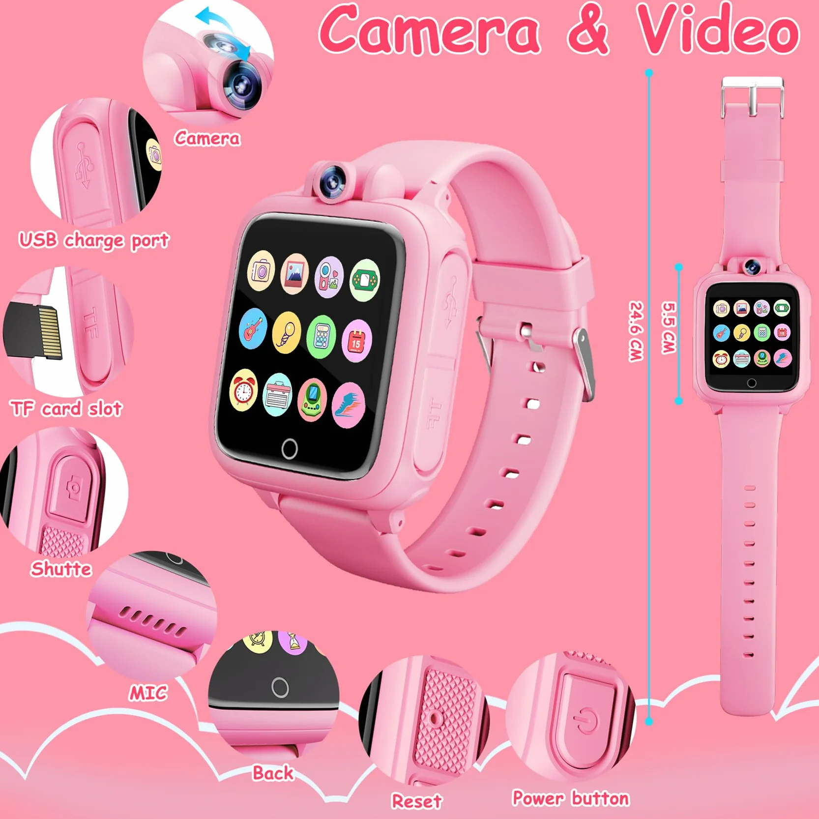 Diswoe Reloj Inteligente Niños, Smartwatch Niña 3 4 5 6 7 8 9 10 11 12 años, Regalo Niña con 14 Juegos, Cámara Giratoria de 90°, Despertador y HD Pantalla Táctil, Regalos para Niños y Niñas