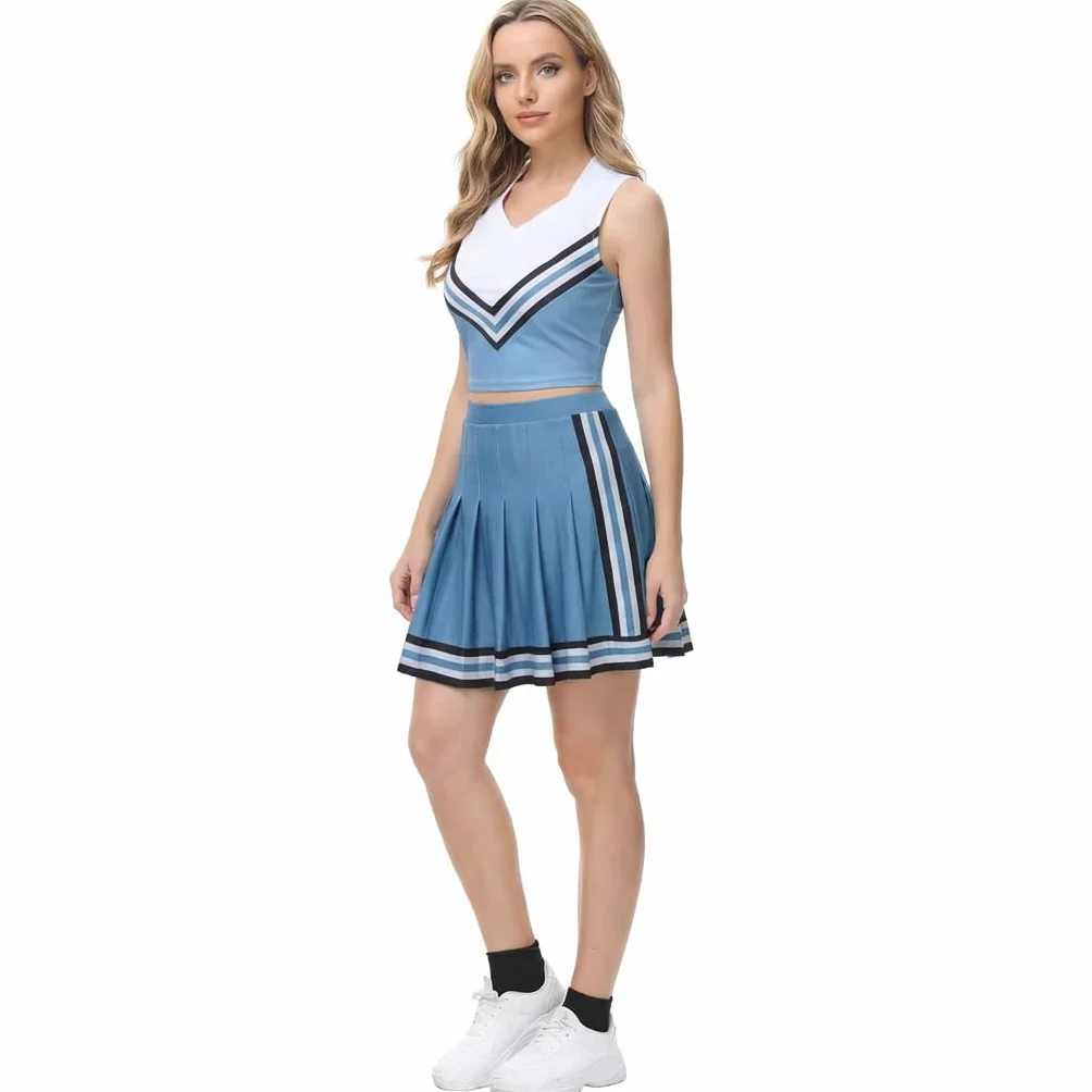 Azul Cheerleader Disfraz para Adulto Adolescentes Uniforme Tank Top Falda Plisada