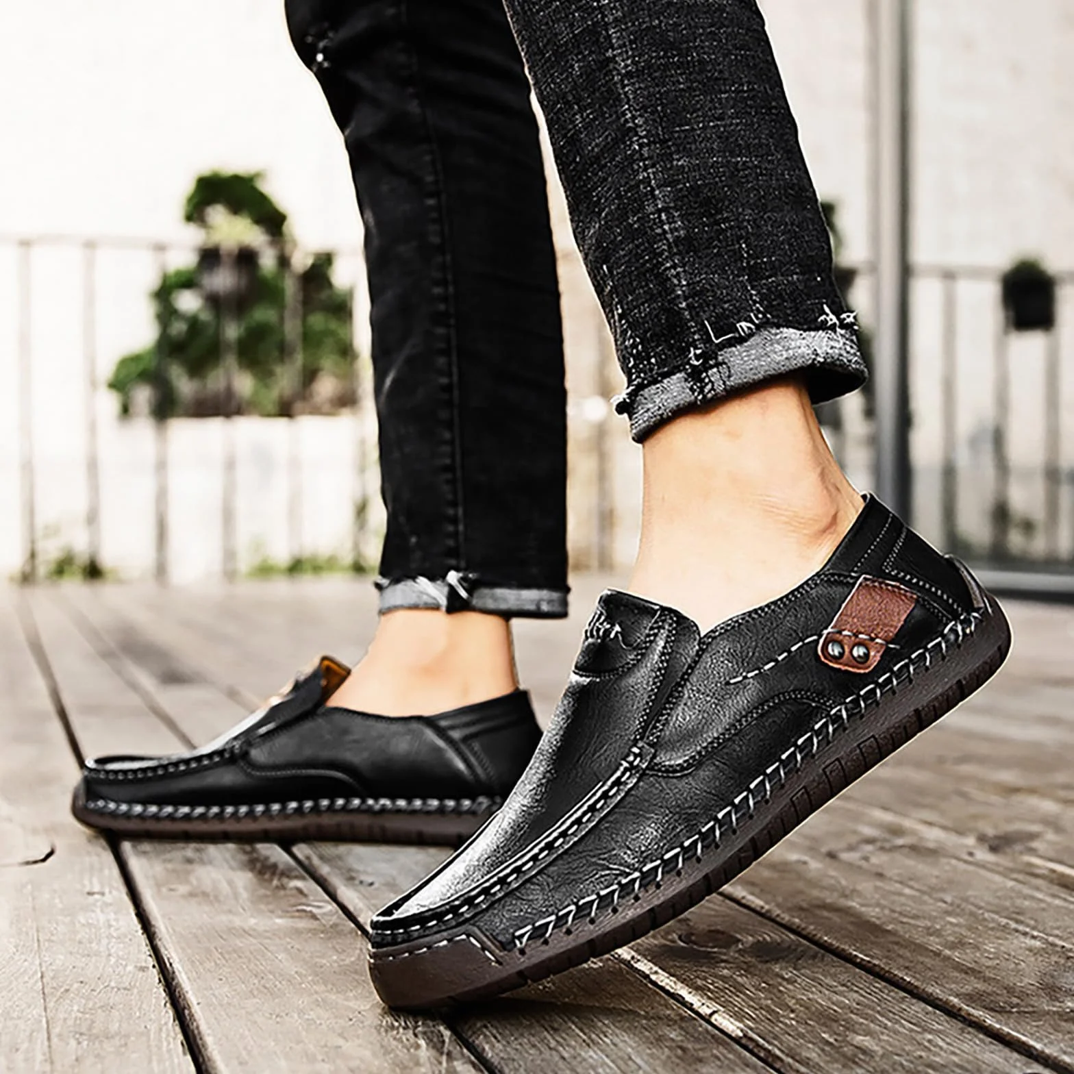 Mocasines de cuero para hombre sin cordones caña baja ligeros transpirables zapatos vestir suela suave
