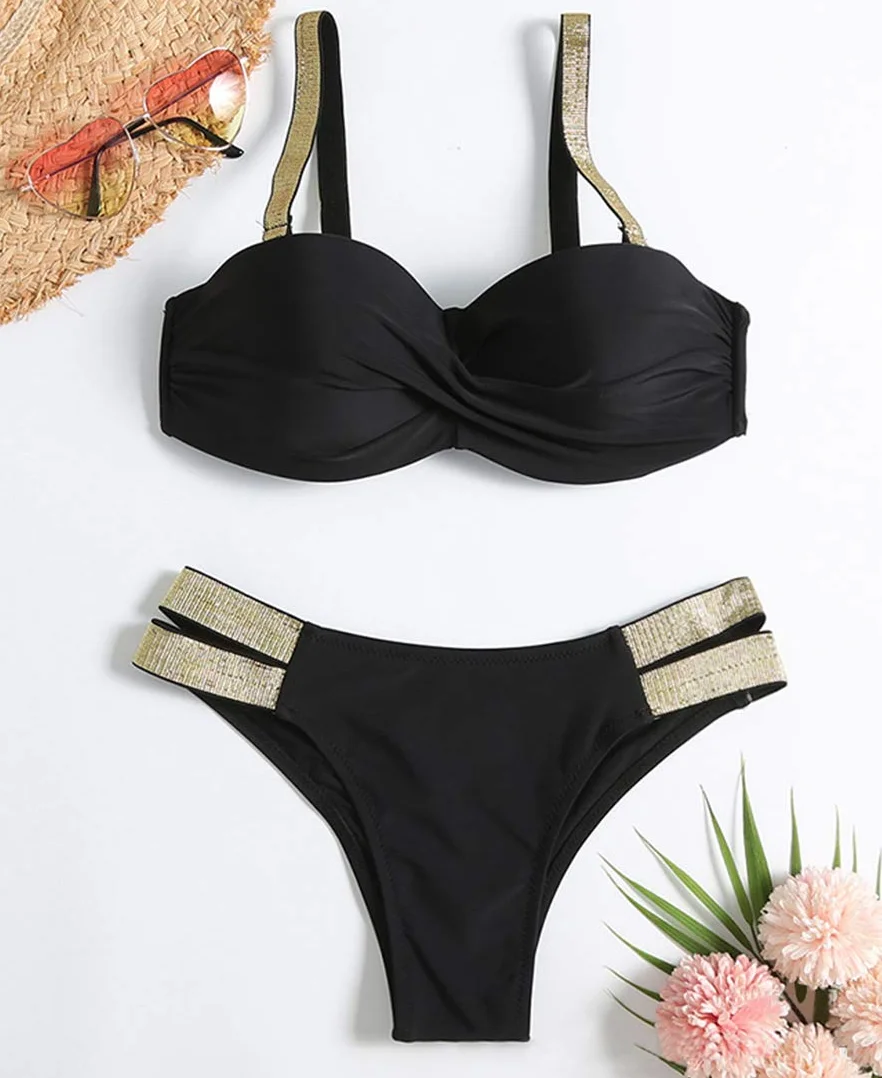 JFAN Traje de Baño de Mujer Cinturón Dorado Acolchado Bra Tops de Bikini Conjunto de Bikini de Color Liso Push Up Swimwear Dos Piezas Trajes de Baño Divididos